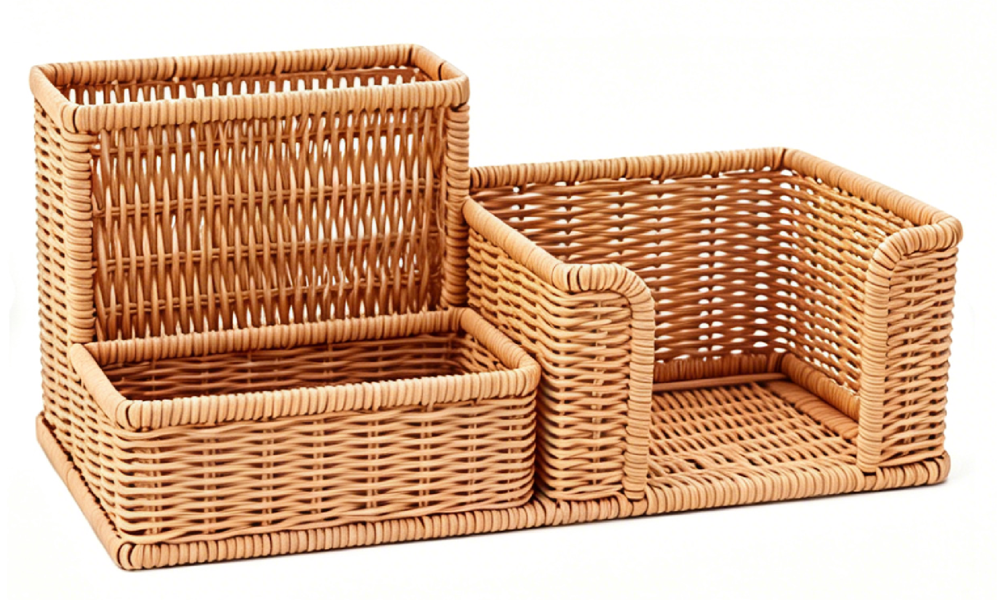 Pencil hold with three-compartment storage basket on desktop